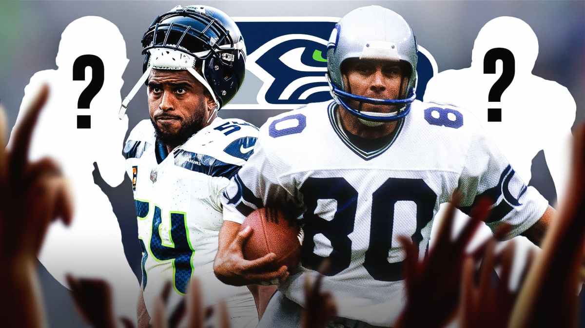 Seattle Seahawks legend Steve Largent with former Seahawks linebacker Bobby Wagner and two silhouettes of American football players with big question mark emojis inside. There is also a logo for the Seattle Seahawks.