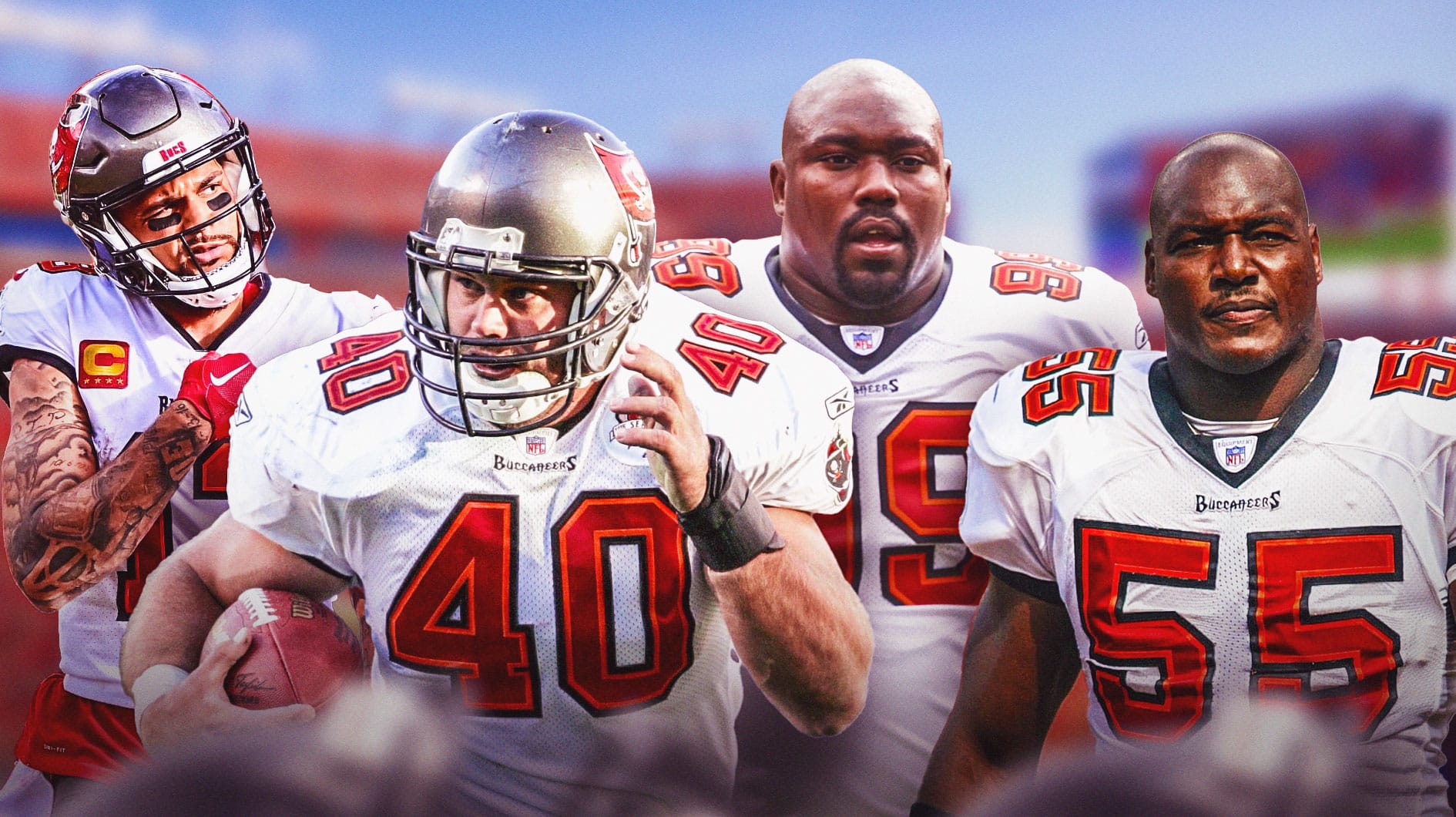 Warren Sapp, Derrick Brooks, Mike Evans, and Mike Alstott in Buccaneers uniforms