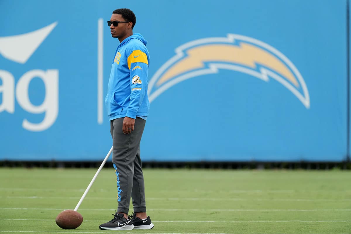 Los Angeles Chargers offensive assistant coach Pat White during rookie minicamp at Hoag Performance Center.