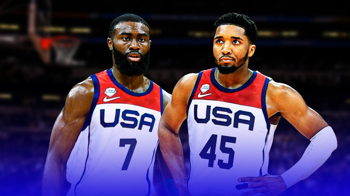 Jaylen Brown and Donovan Mitchell playing for Team USA.