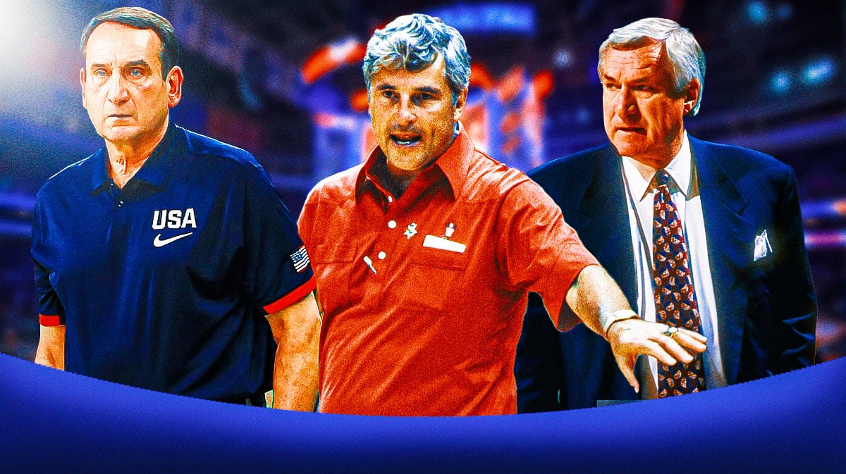 Mike Krzyzewski, Bob Knight and Dean Smith coaching Team USA.