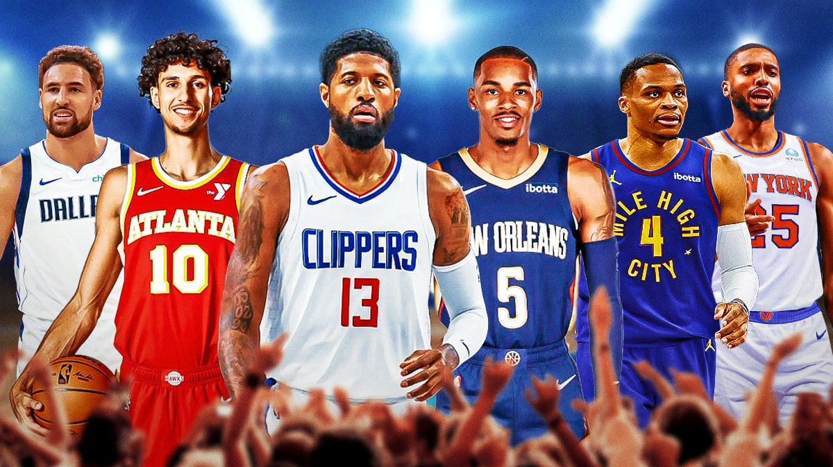Paul George in Clippers jersey, Dejounte Murray in Pelicans jersey, Zaccharie Risacher in Hawks jersey, Russell Westbrook in Nuggets jersey, Klay Thompson in Mavericks jersey, Mikal Bridges in Knicks jersey.