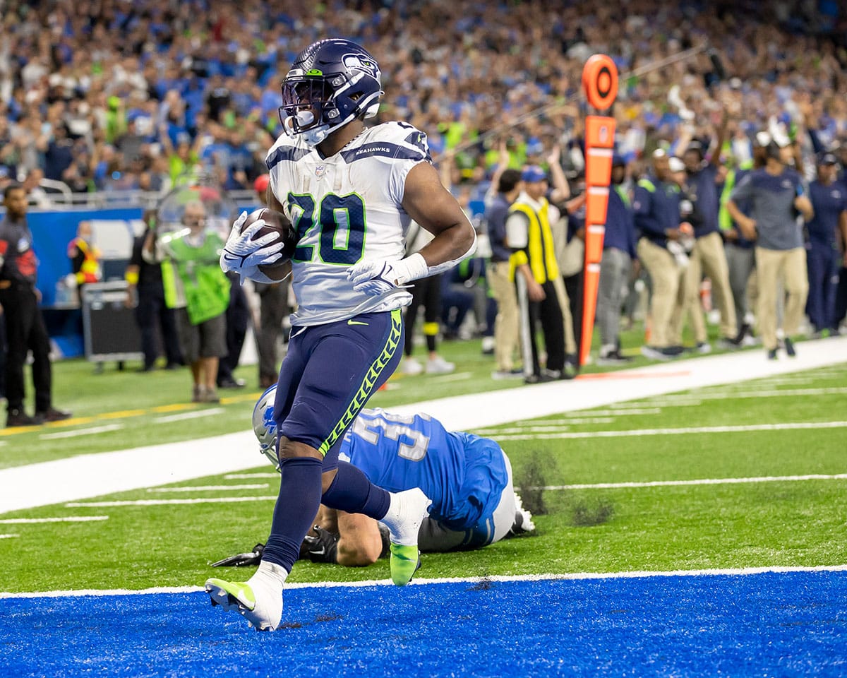 Seattle Seahawks running back Rashaad Penny (20) scores a touchdown against the Detroit Lions during the third quarter at Ford Field. 