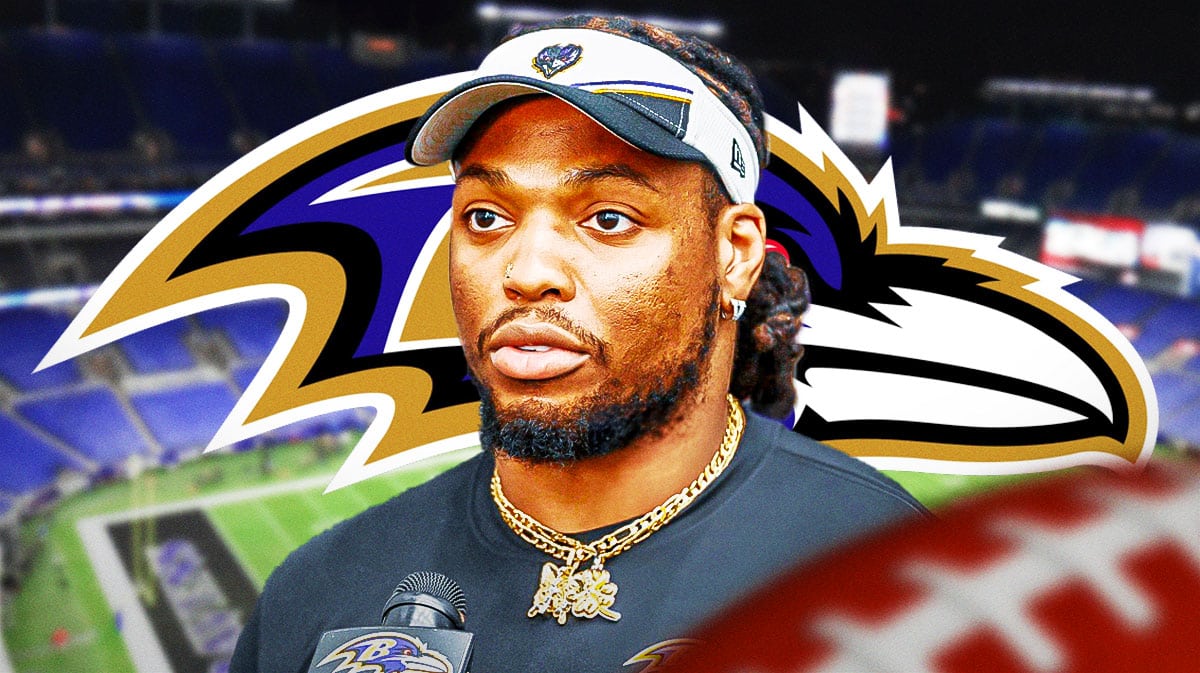 Baltimore Ravens star Derrick Henry in front of M&T Bank Stadium.