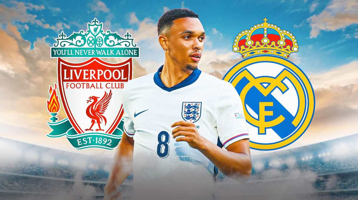 The silhouette of Trent Alexander-Arnold in front of the Liverpool and Real Madrid logos