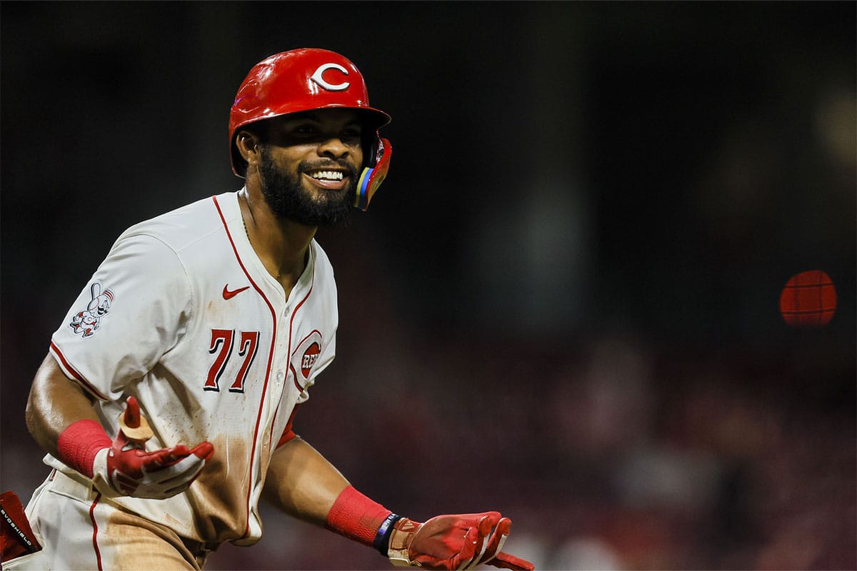 Cincinnati Reds outfielder Rece Hinds (77) reacts after hitting a solo home run in the seventh inning against the Colorado Rockies at Great American Ball Park.