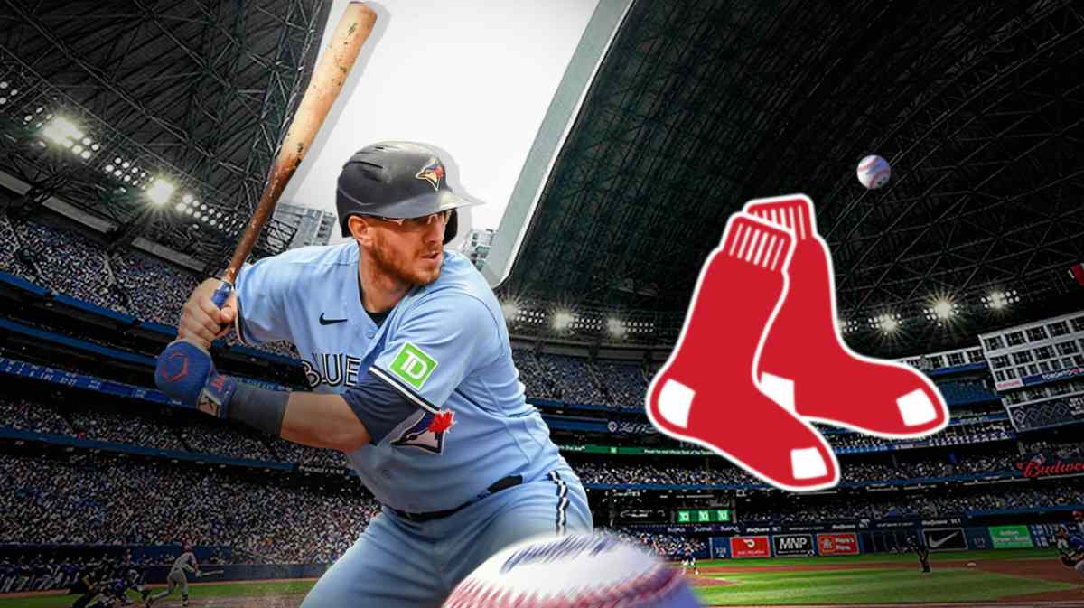 Danny Jansen in Blue Jays jersey in action, Red Sox logo beside him.