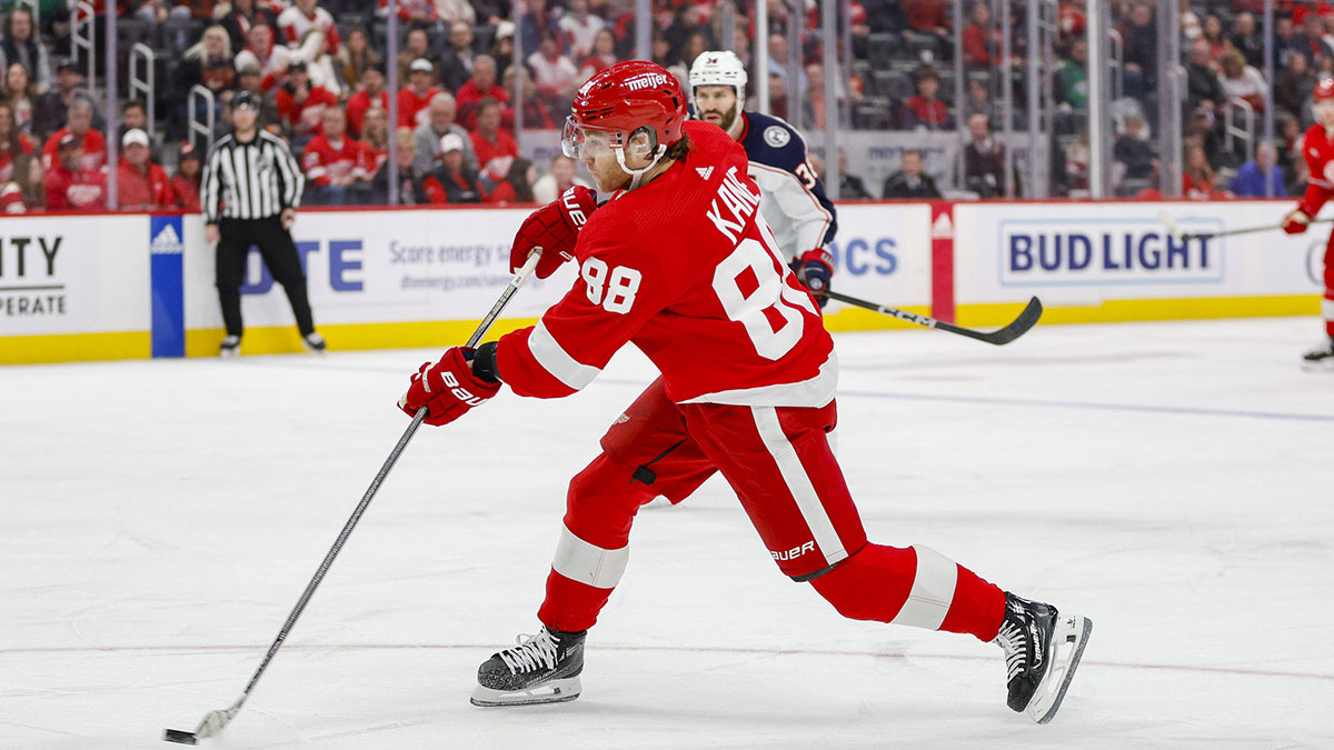 Detroit Red Wings right wing Patrick Kane (88) shoots the puck during the third period of the game against the Columbus Blue Jackets at Little Caesars Arena.