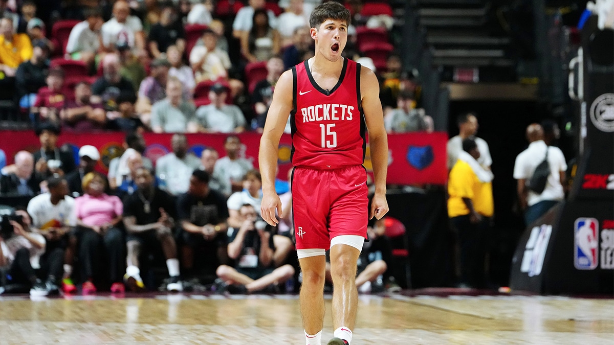 Houston Rockets guard Reed Sheppard (15) reacts after scoring against the Washington Wizards during the third quarter at Thomas & Mack Center.