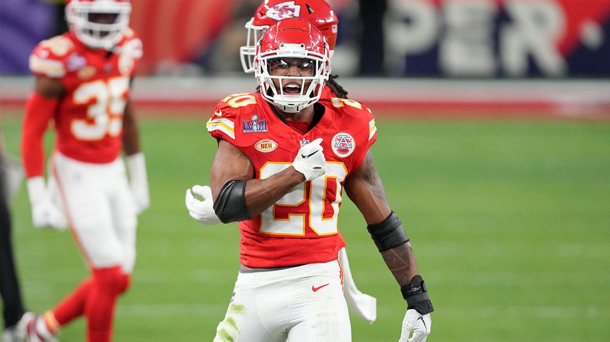Kansas City Chiefs safety Justin Reid (20) reacts after a play against the San Francisco 49ers during the second quarter of Super Bowl LVIII at Allegiant Stadium.