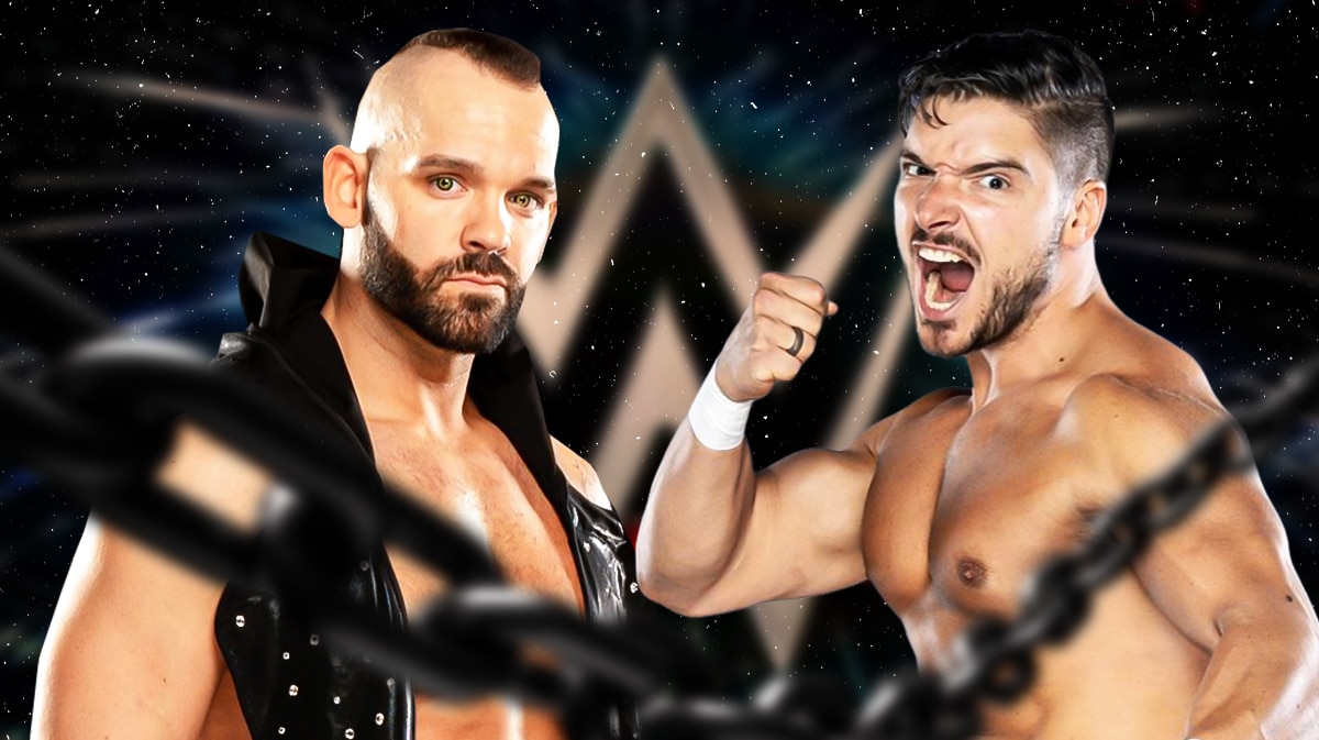 Shawn Spears and Ethan Page in front of the WWE logo.
