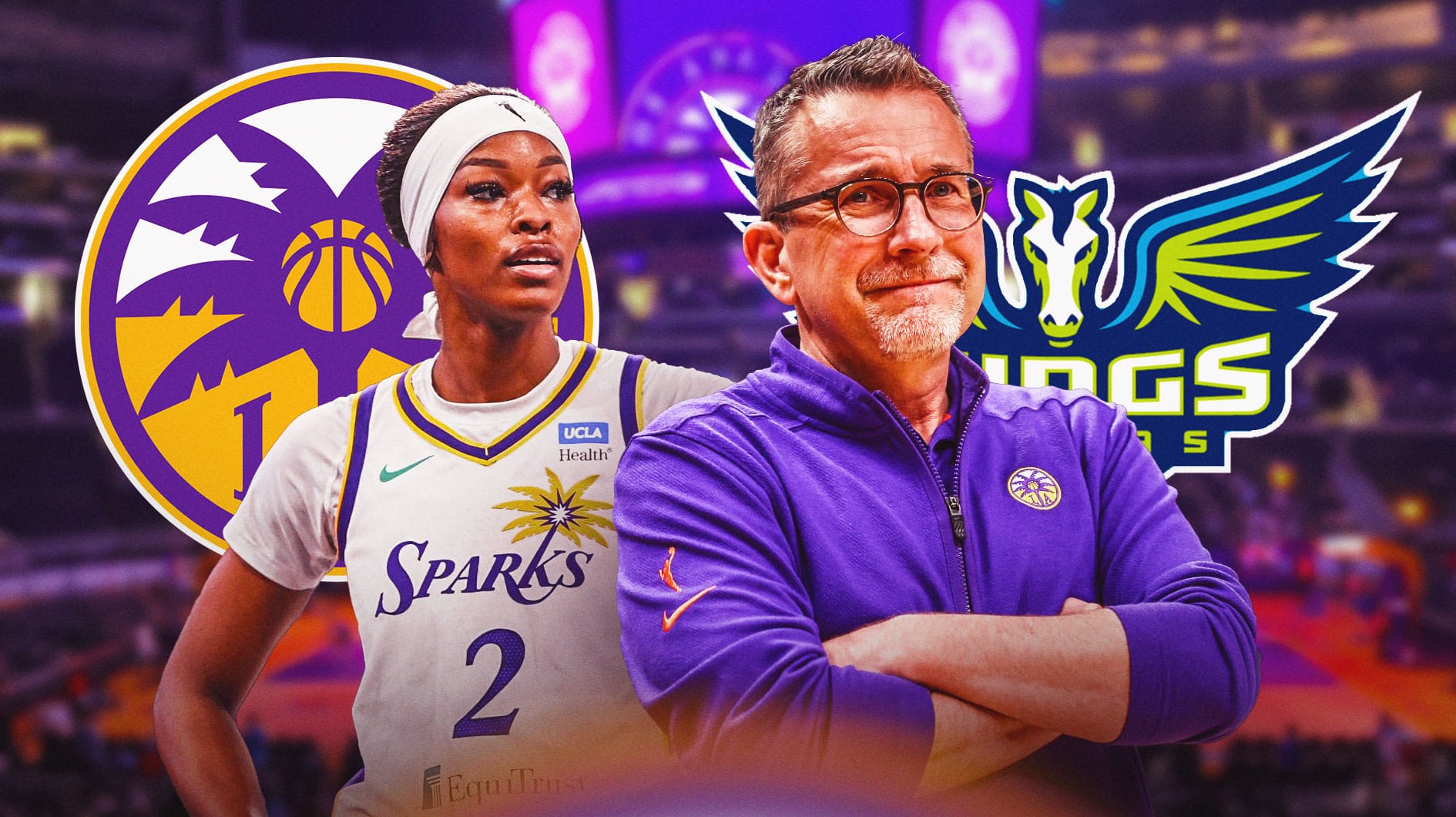 Rickea Jackson alongside LA Sparks head coach Curt Miller with the LA Sparks and Dallas Wings logos in the background