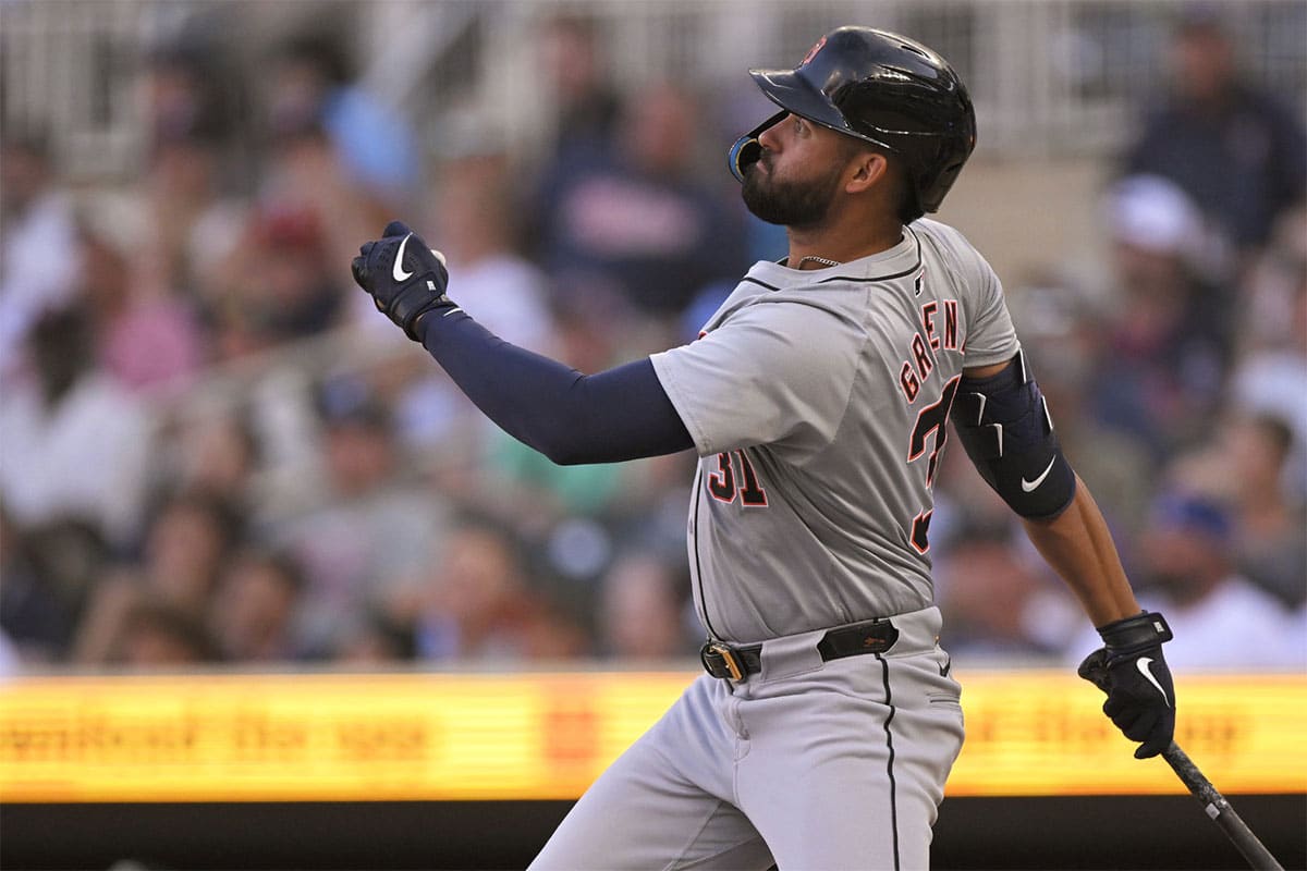 Detroit Tigers outfielder Riley Greene (31) hits a triple against the Minnesota Twins during the first inning at Target Field.
