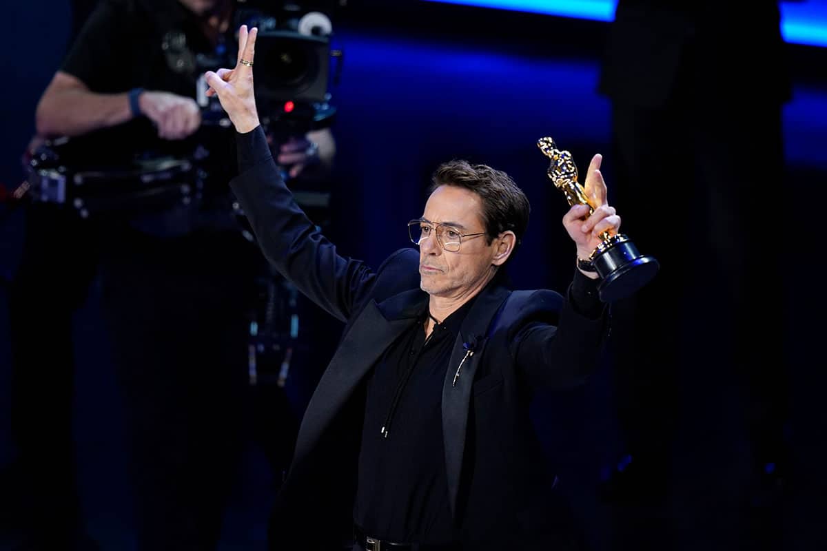 Robert Downey Jr after winning Best Supporting Actor at the Oscars.