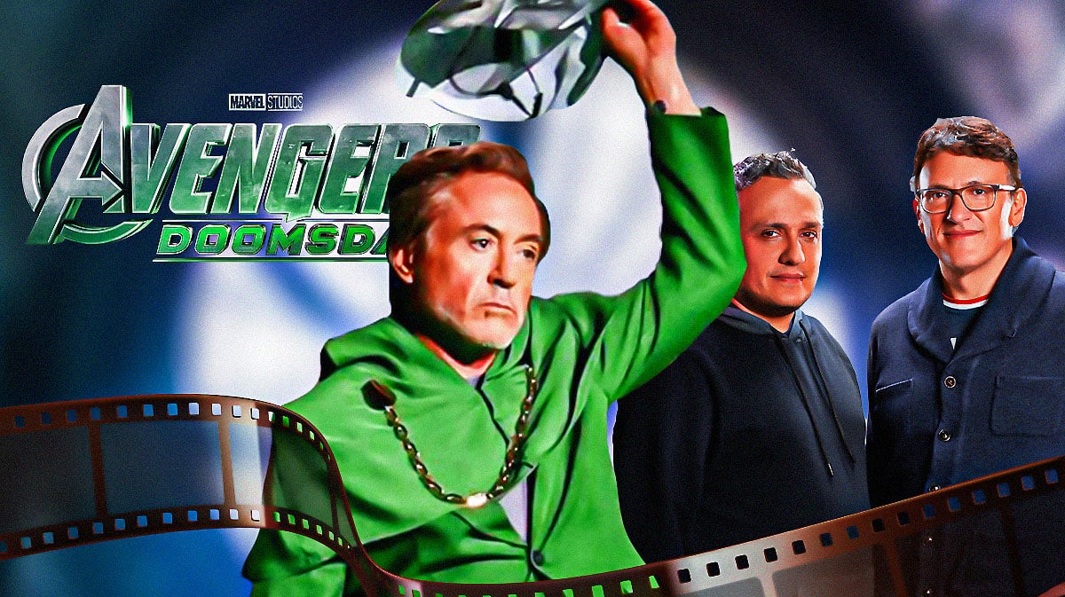 Marvel Cinematic Universe movie Avengers: Doomsday logo with Robert Downey Jr as Doctor Doom and the Russo brothers (Joe and Anthony).