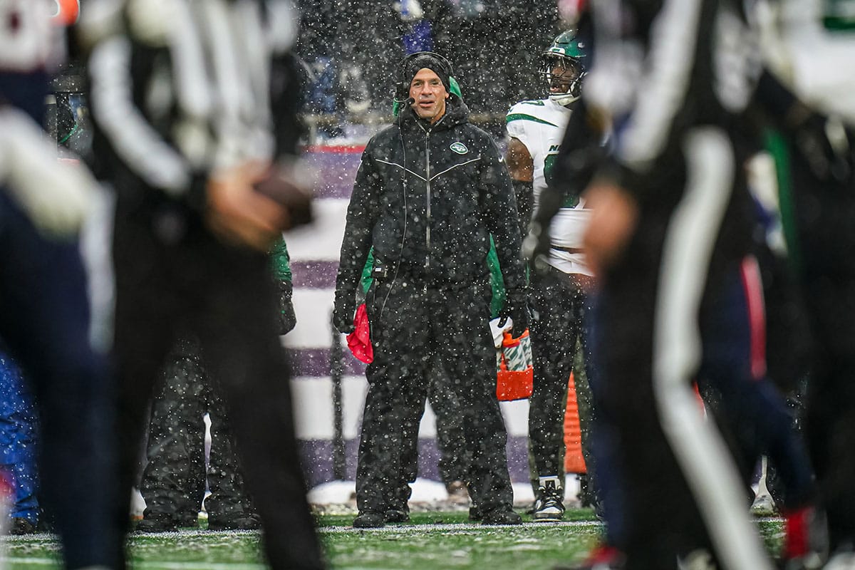 New York Jets head coach Robert Saleh watches from the sideline as they take on the New England Patriots at Gillette Stadium.