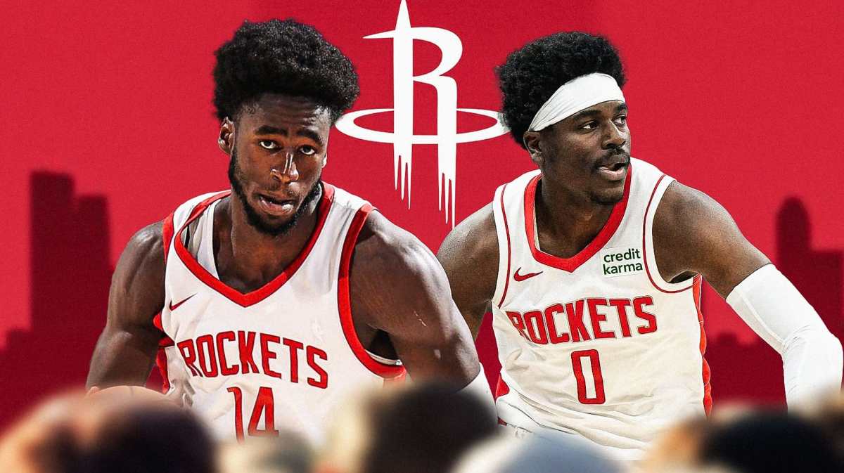 Ryan Dunn, Oso Ighodaro beside each other, Houston Rockets wallpaper in the background