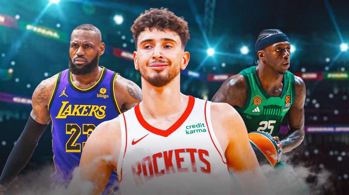 Rockets' Alperen Sengun smiling in the middle, with Lakers' LeBron James to his left hyped up, with Panathinaikos' Kendrick Nunn on the right