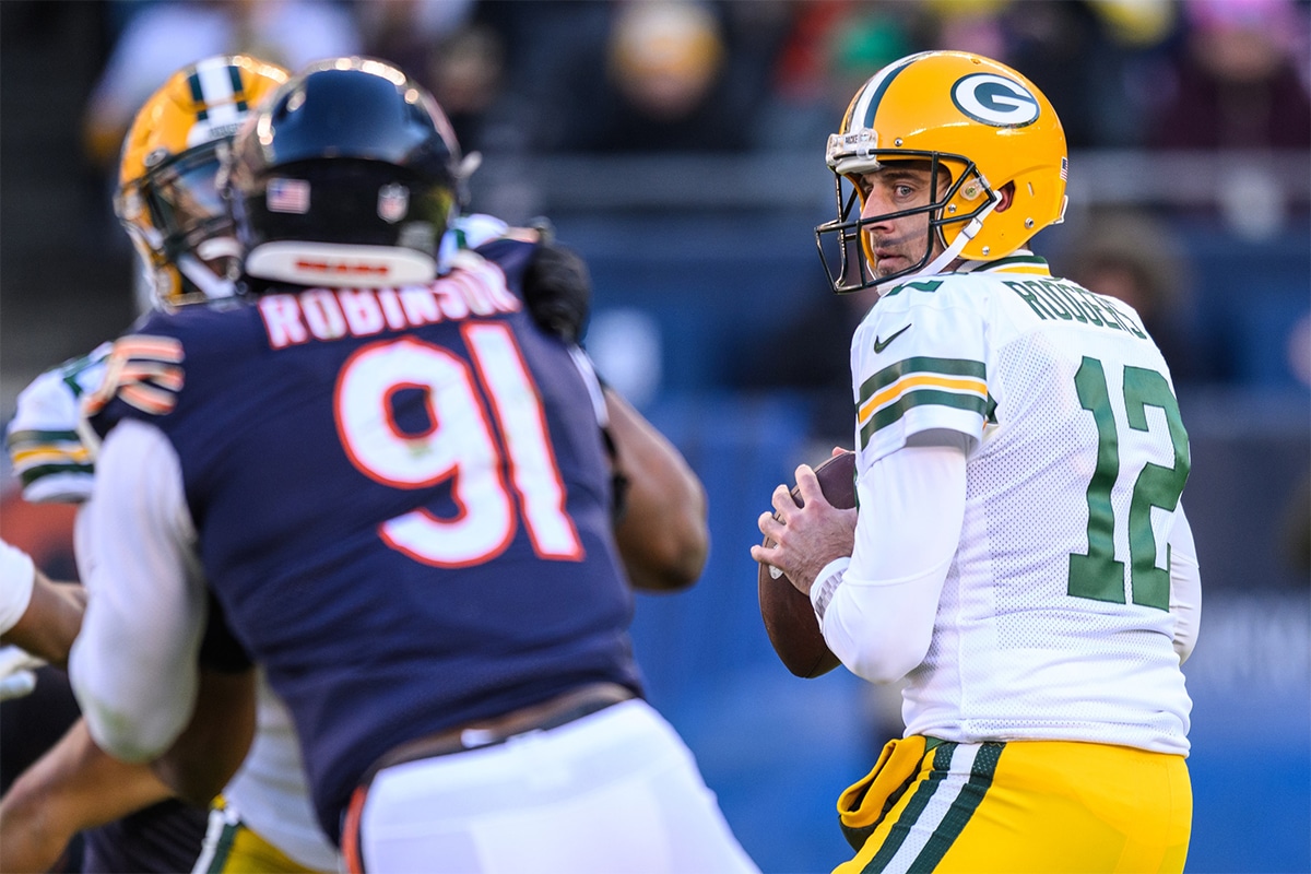 Green Bay Packers quarterback Aaron Rodgers (12) looks to pass in the third quarter against the Chicago Bears at Soldier Field.