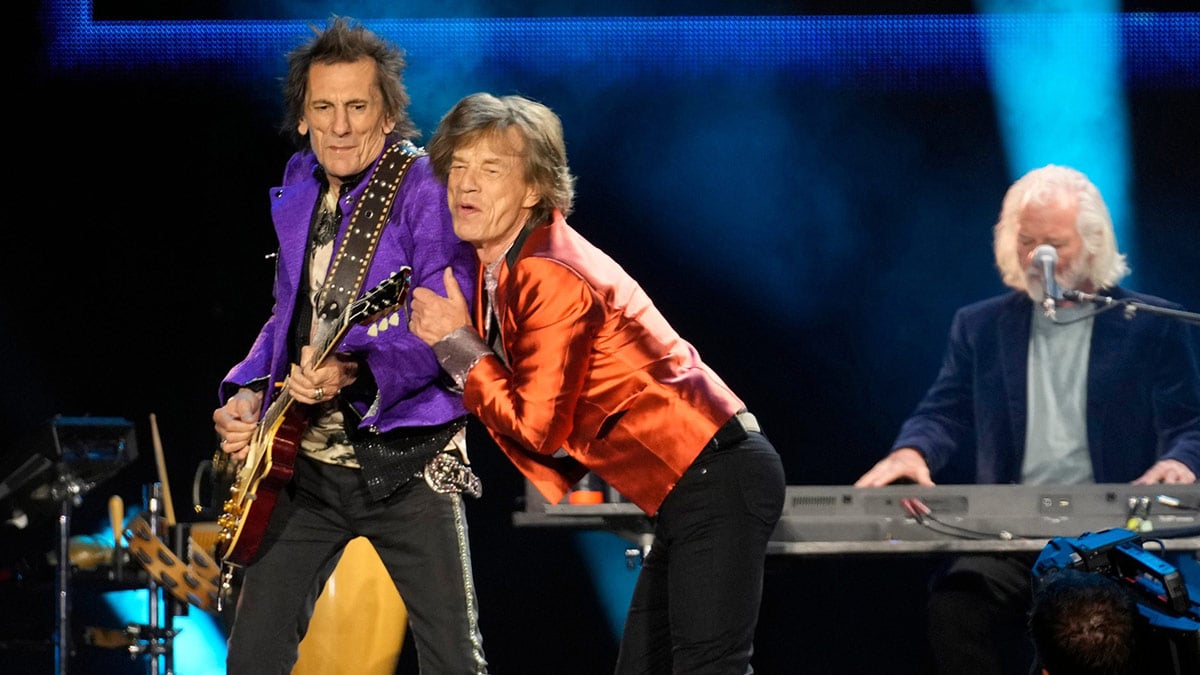 Rolling Stones' Ronnie Wood, Mick Jagger performing on the "Hackney Diamonds" tour on May 7, 2024.
