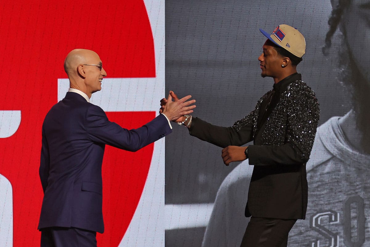 Ron Holland II shakes hands with NBA commissioner Adam Silver after being selected in the first round by the Detroit Pistons in the 2024 NBA Draft at Barclays Center. 