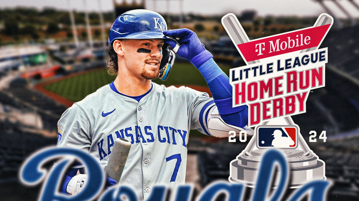 Kansas City Royals player Bobby Witt Jr smiling with 2024 Home Run Derby logo
