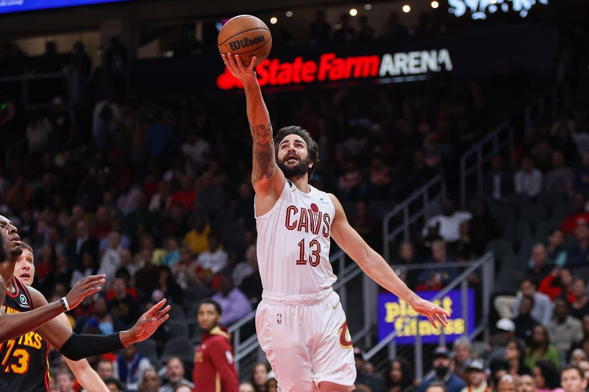 Cleveland Cavaliers guard Ricky Rubio (13) shoots against the Atlanta Hawks in the second quarter at State Farm Arena.