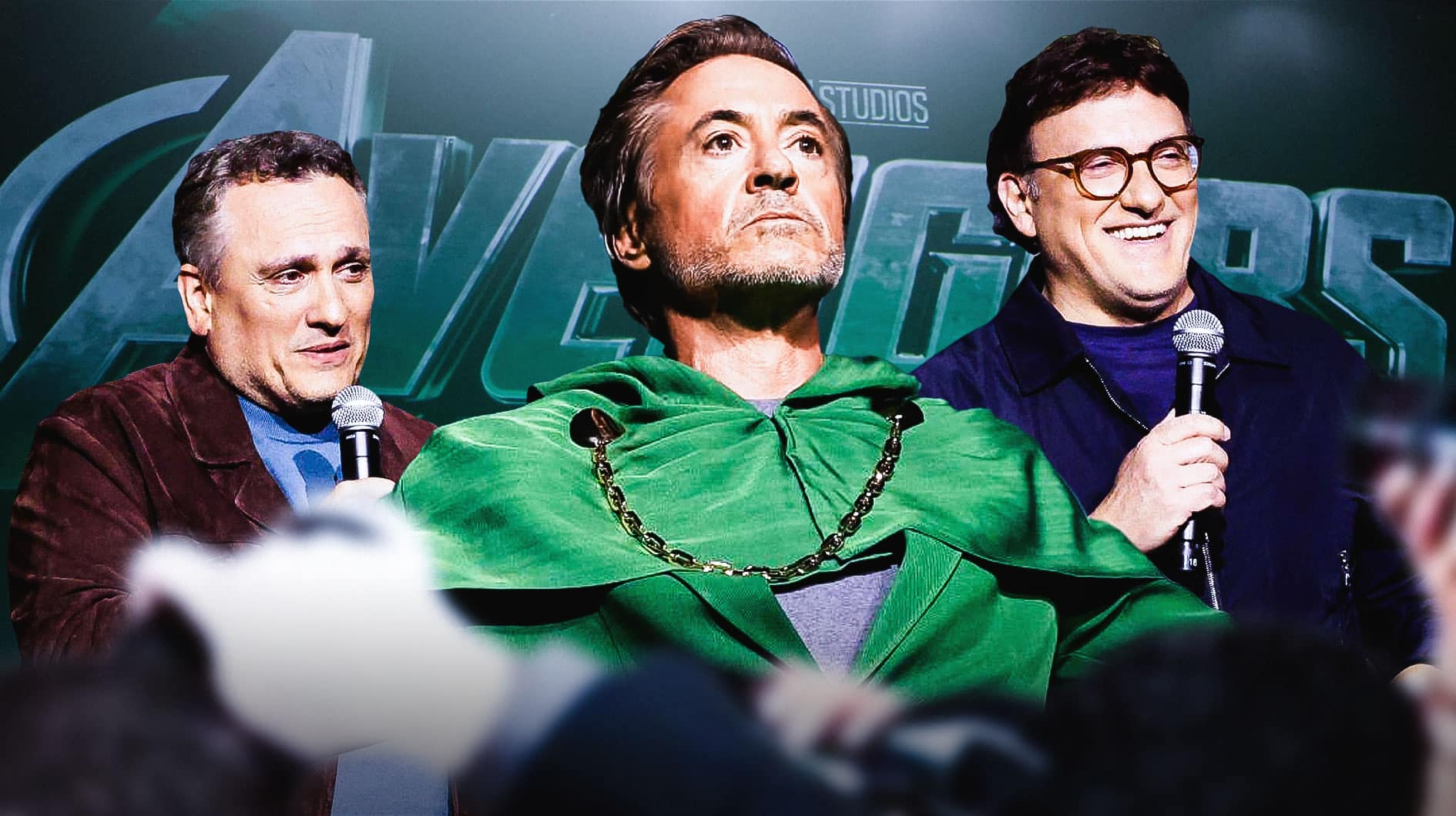 Joe and Anthony Russo (the Russo Brothers) with Robert Downey Jr as Doctor Doom at San Diego Comic-Con in the middle with Marvel Avengers: Doomsday logo behind them.