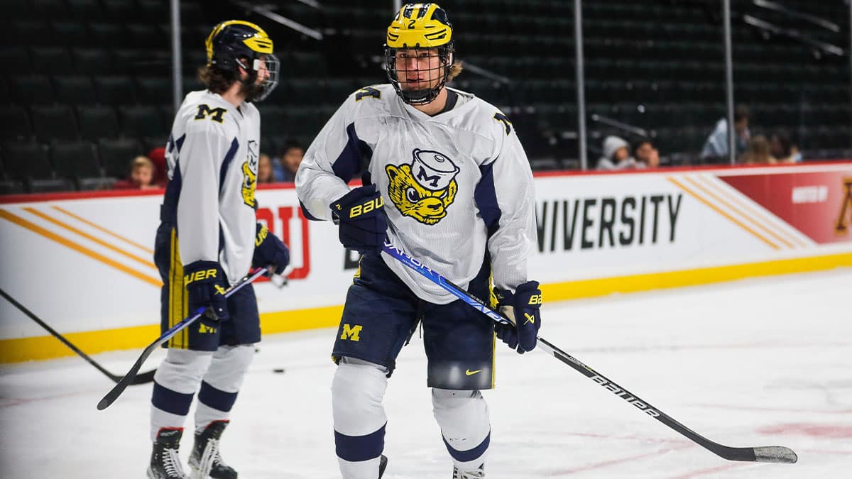 Michigan forward Rutger McGroarty (2) practice as they prepare for the semifinal game against Boston College at Xcel Energy Center in St. Paul, Minn. on Wednesday, April 10, 2024.