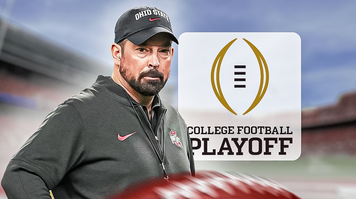 Ryan Day, Ohio State football, Buckeyes, Kirby Smart, Rich Clark, Ryan Day and College Football Playoff logo with Ohio State football stadium in the background