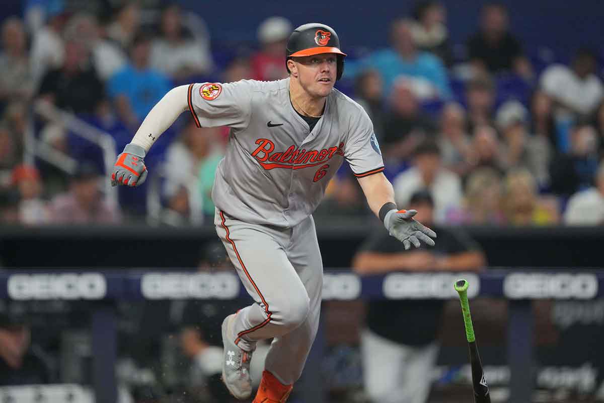Baltimore Orioles first baseman Ryan Mountcastle (6) hits a double against the Miami Marlins in the eighth inning at loanDepot Park.