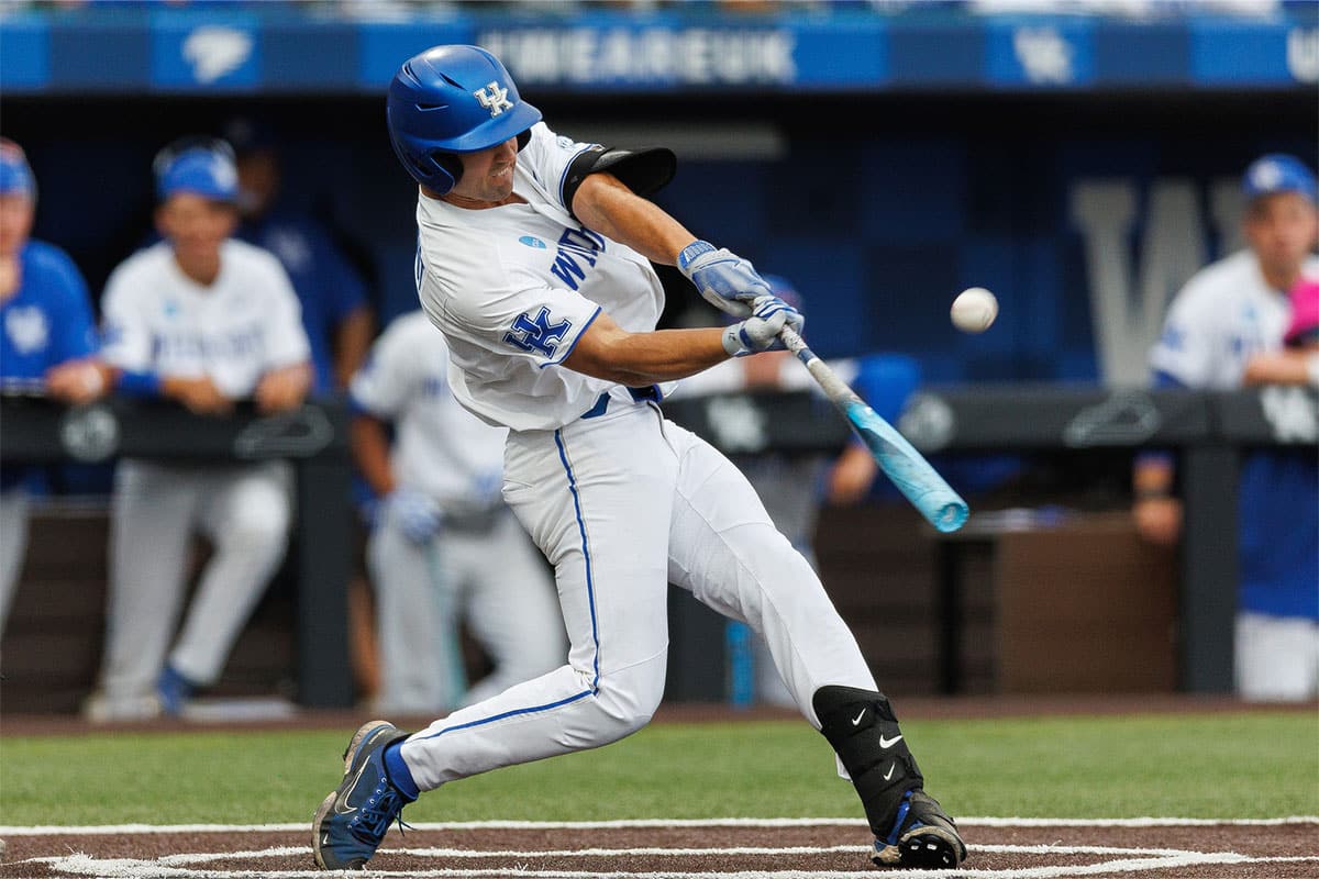 Kentucky Wildcats outfielder Ryan Waldschmidt (21) hits a pitch during the sixth inning against the Oregon State Beavers at Kentucky Proud Park.