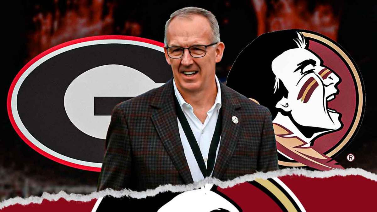 Florida State football, Seminoles, Greg Sankey, Georgia football, Florida State SEC, Greg Sankey with Georgia and Florida State logos next to him, Florida State football stadium in the background