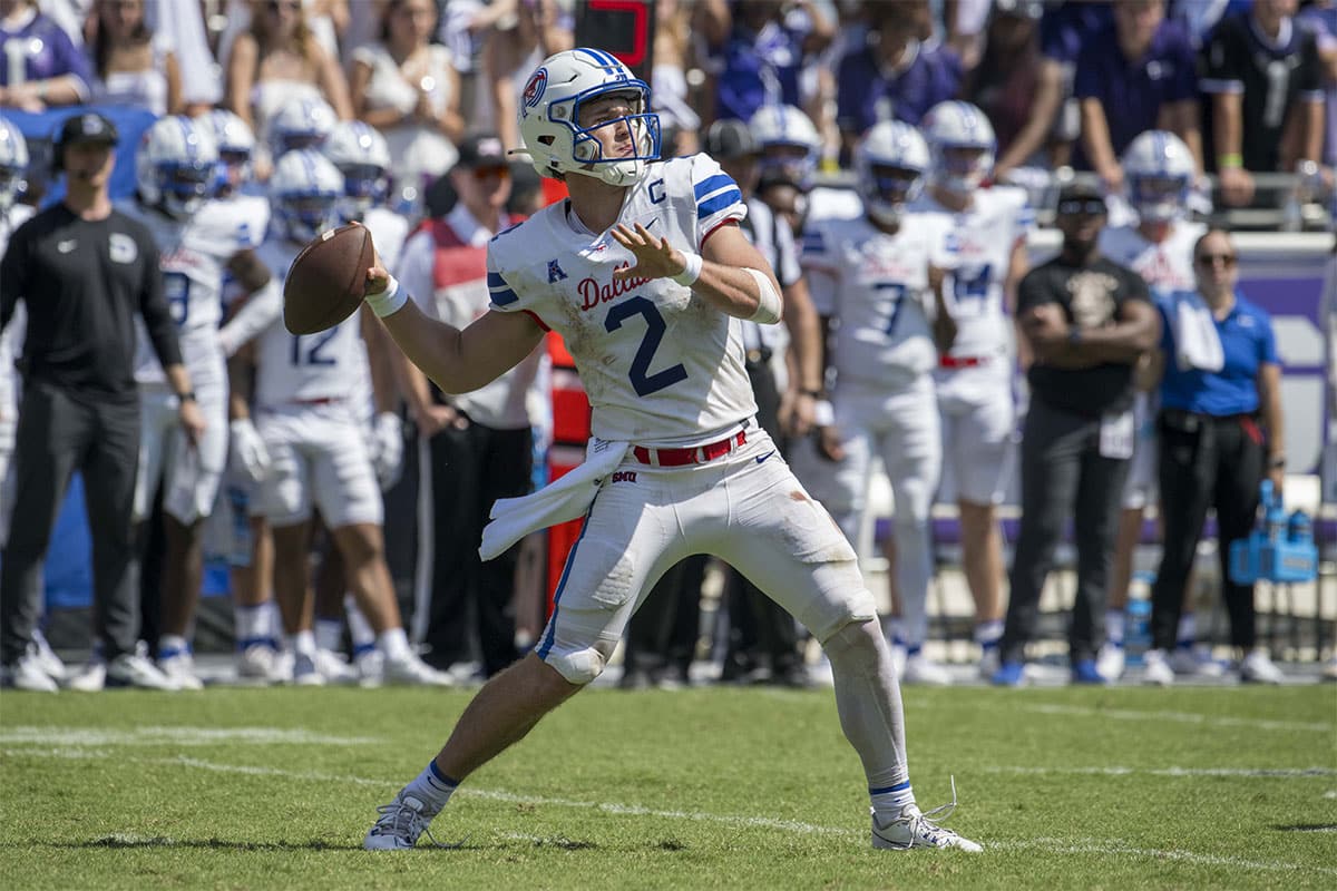 SMU Mustangs quarterback Preston Stone (2) in action during the game between the TCU Horned Frogs and the SMU Mustangs at Amon G. Carter Stadium.