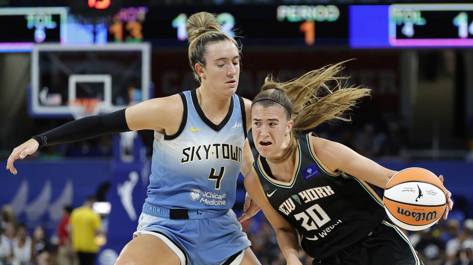 New York Liberty guard Sabrina Ionescu (20) drives to the basket against Chicago Sky guard Marina Mabrey (4) during the first half of a WNBA game at Wintrust Arena