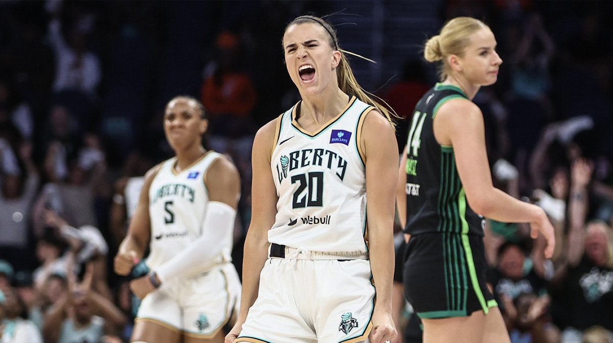 New York Liberty guard Sabrina Ionescu (20) celebrates after making a three point shot against the Minnesota Lynx in the second quarter of the Commissioner’s Cup Championship game at UBS Arena. 