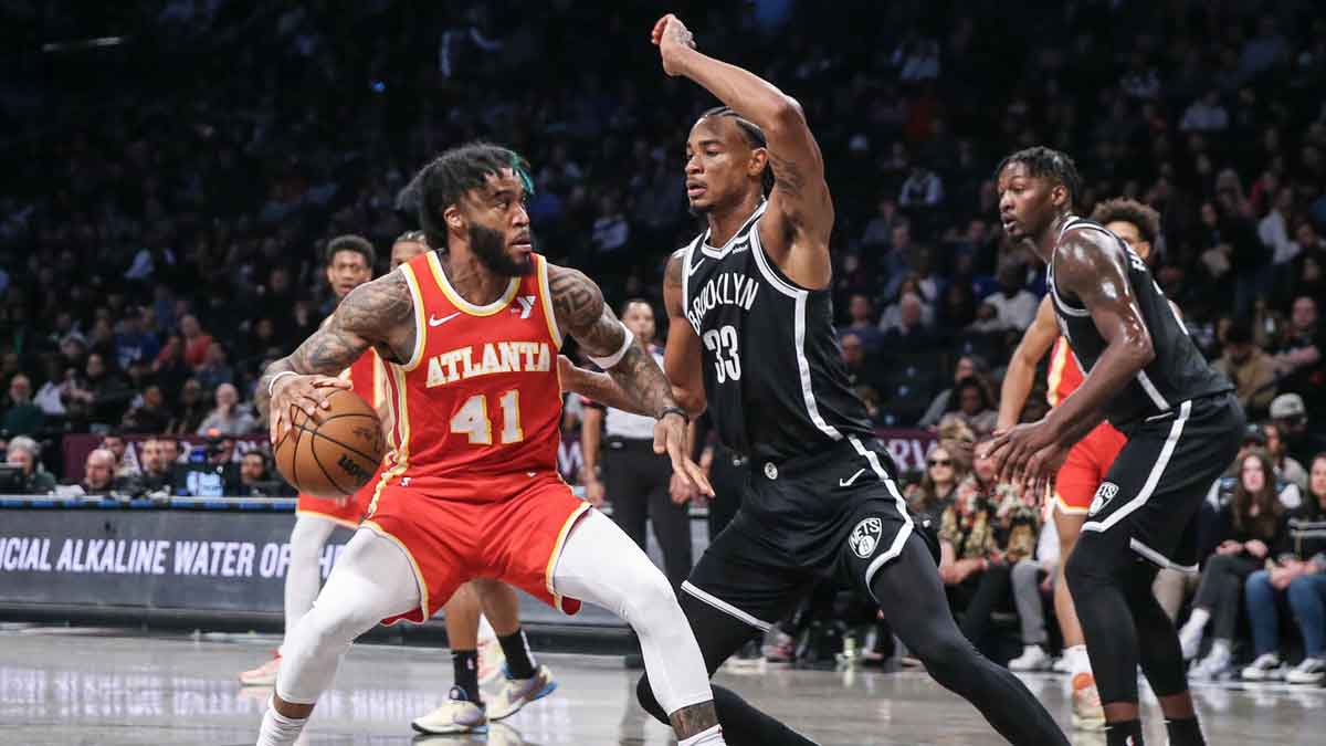 Atlanta Hawks forward Saddiq Bey (41)controls the ball against Brooklyn Nets center Nic Claxton (33) in the second quarter at Barclays Center.