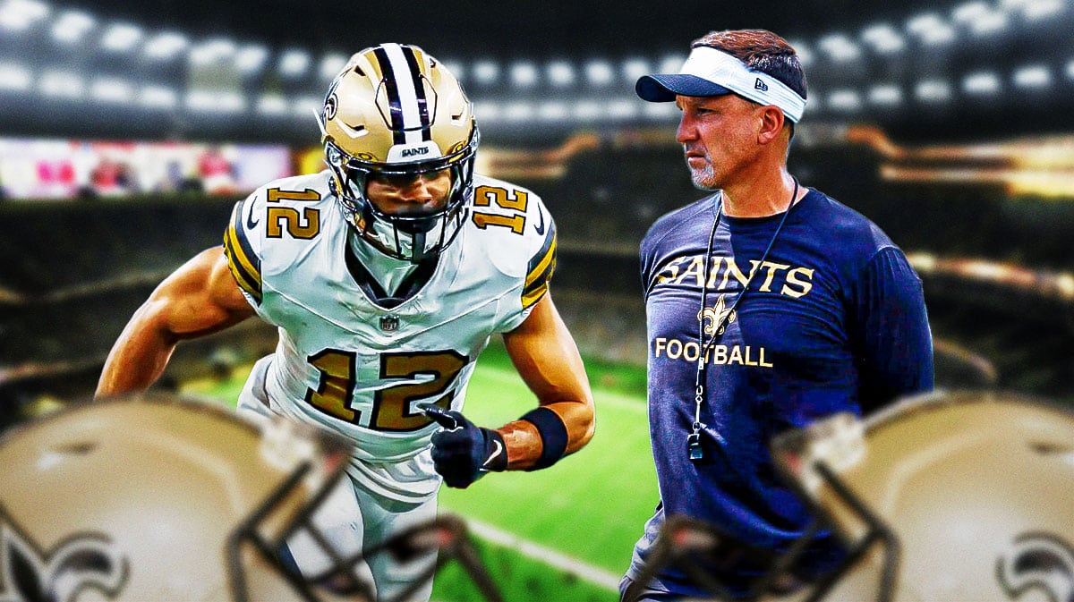Chris Olave in action in Saints jersey, Dennis Allen beside him