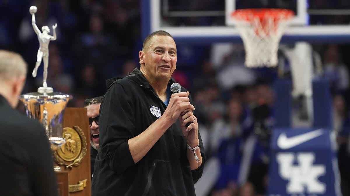 Kentucky s Sam Bowie talked to the fans at half against Georgia Saturday night at Rupp Arena. Jan. 20, 2024