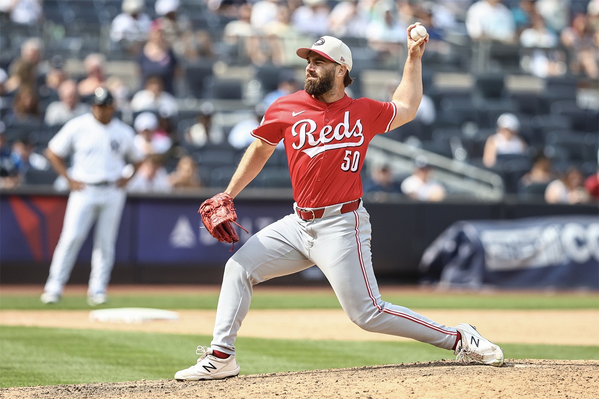 Cincinnati Reds relief pitcher Sam Moll (50) pitches in the ninth inning against the New York Yankees at Yankee Stadium.