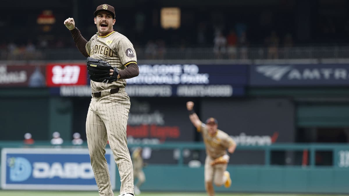 San Diego Padres starting pitcher Dylan Cease (84) celebrates after the final out of a no-hitter against the Washington Nationals at Nationals Park.