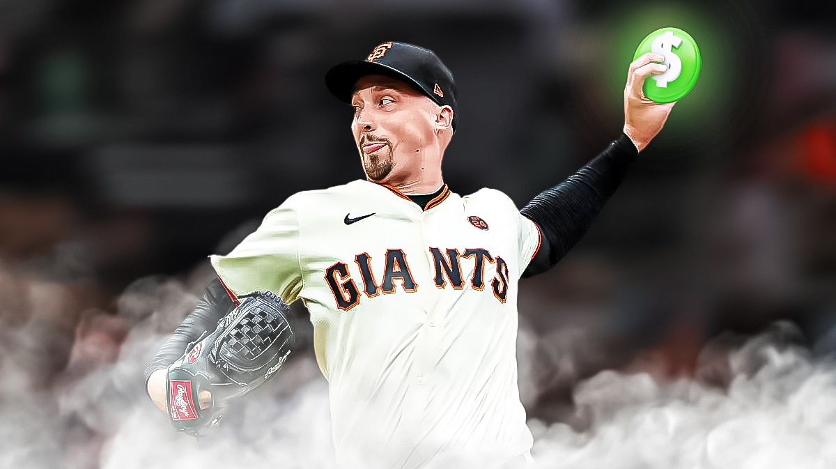 Blake Snell pitching in a San Francisco Giants uniform but instead of a ball coming out of his hand it's a green dollar sign the team won't help with his salary so could have trouble trading him at the MLB trade deadline.