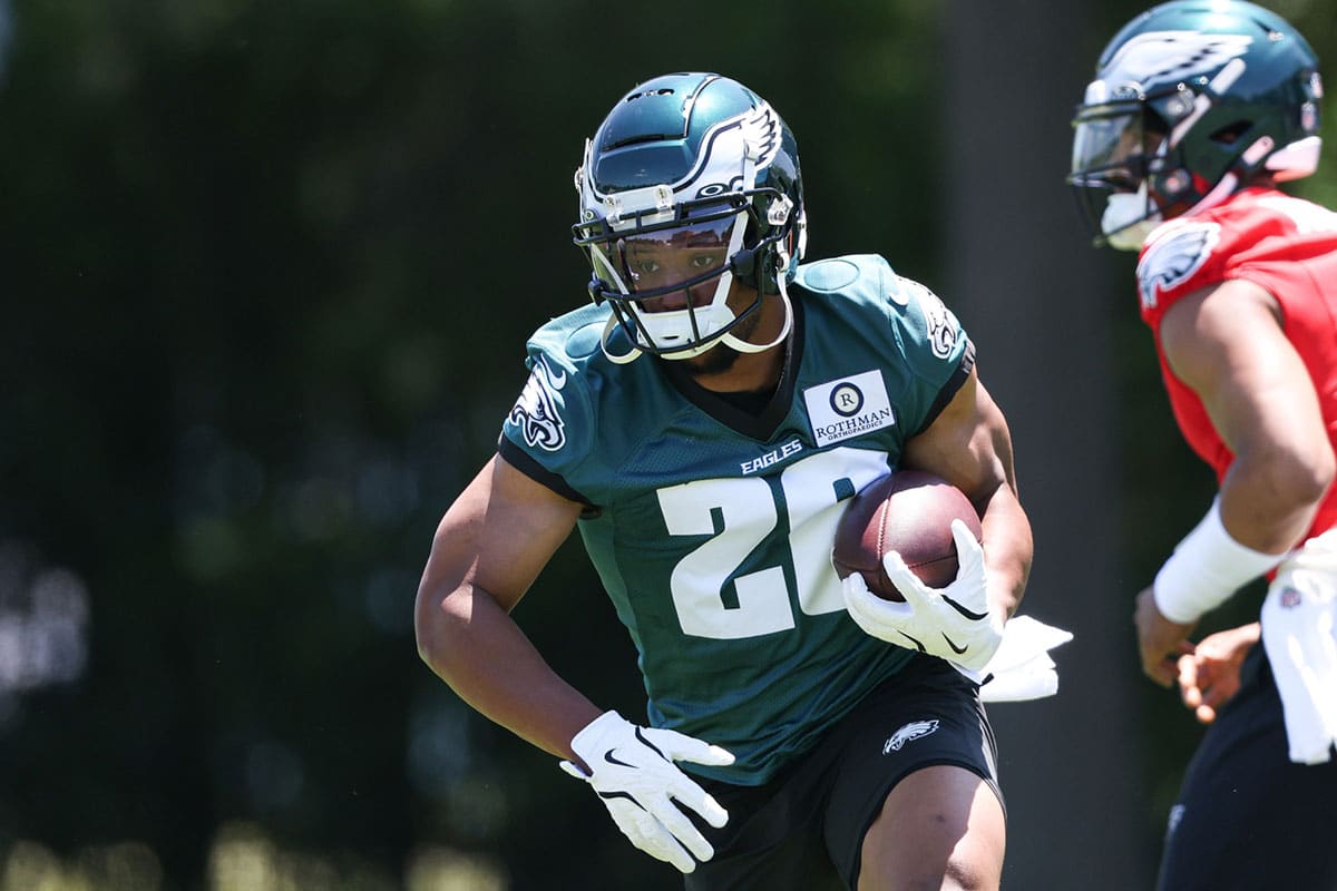Philadelphia Eagles running back Saquon Barkley (26) runs with the ball during practice at NovaCare Complex.