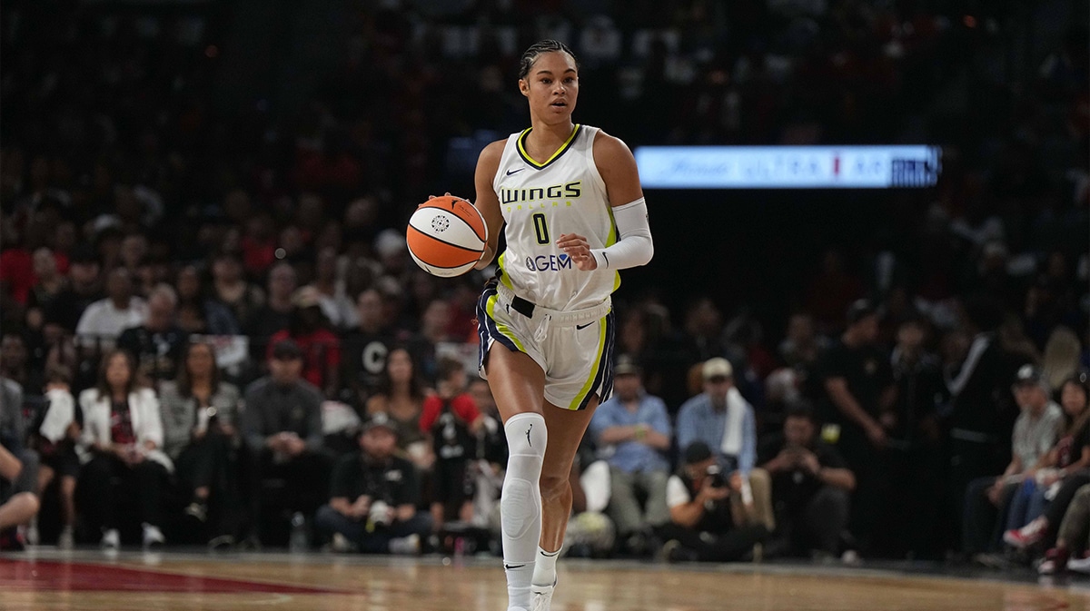 Dallas Wings forward Satou Sabally (0) dribbles the ball against the Las Vegas Aces during game one of the 2023 WNBA Semifinals.