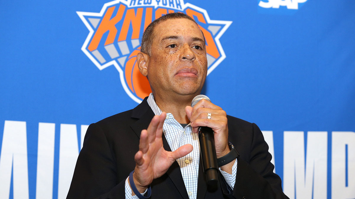 New York Knicks general manager Scott Perry speaks to the media during media day at the MSG training center in Greenburgh, NY.