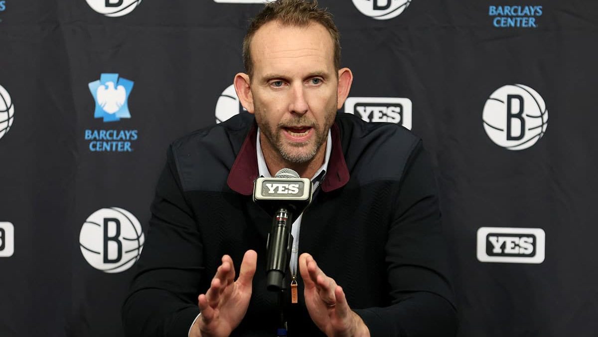 Brooklyn Nets general manager Sean Marks speaks during a press conference before a game against the New York Knicks at Barclays Center.