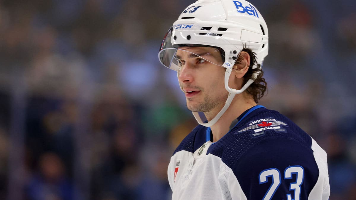 Winnipeg Jets center Sean Monahan (23) before a face-off during the first period against the Buffalo Sabres at KeyBank Center.