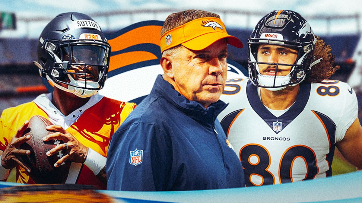 Denver Broncos head coach Sean Payton with tight end Greg Dulcich and wide receiver Courtland Sutton. There is also a logo for the Denver Broncos.
