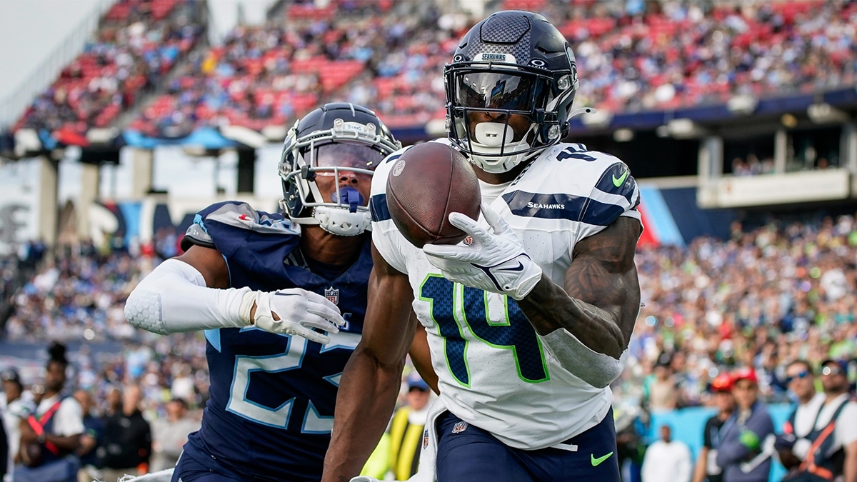 Seattle Seahawks wide receiver DK Metcalf (14) pulls in a touchdown past Tennessee Titans cornerback Tre Avery (23) during the fourth quarter at Nissan Stadium.