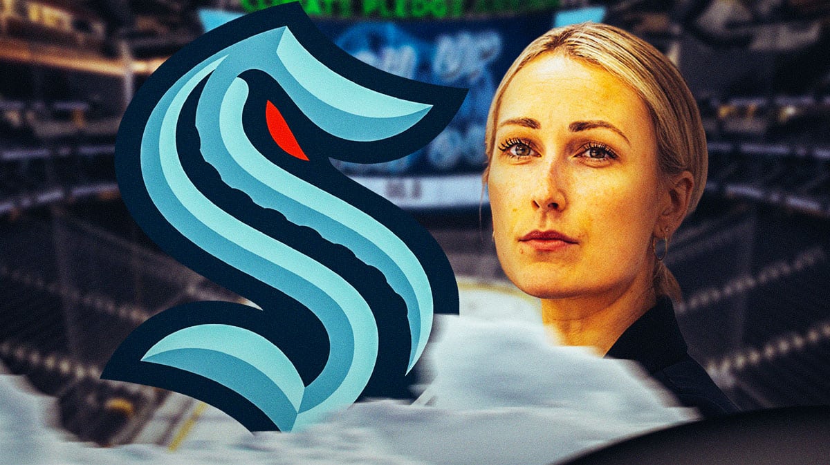 Ice hockey coach Jessica Campbell and the NHL Seattle Kraken's logo, with the city of Seattle, Washington in the background.